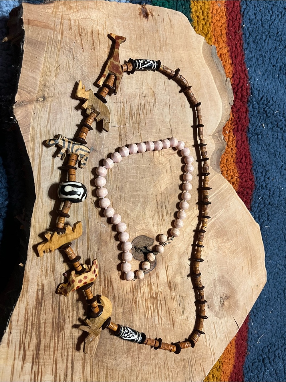 2 Necklaces Pale Pink Handmade and Chunky Wood w/Ceramic Focals & Carved Animals